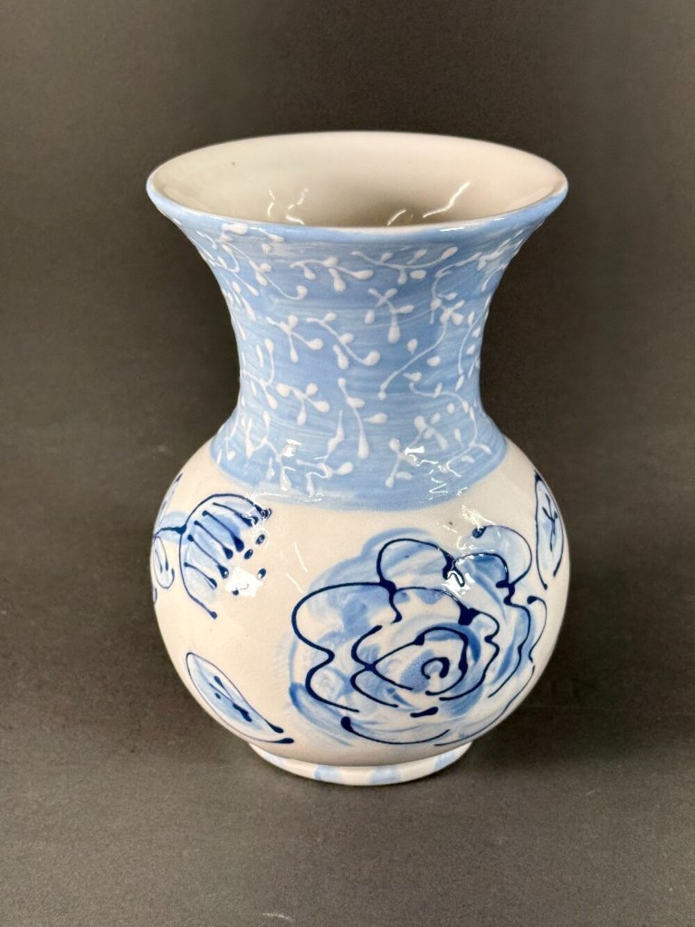 Studio Art Pottery Blue & White Floral Vase 6.5" Signed J. Brown Hand Painted